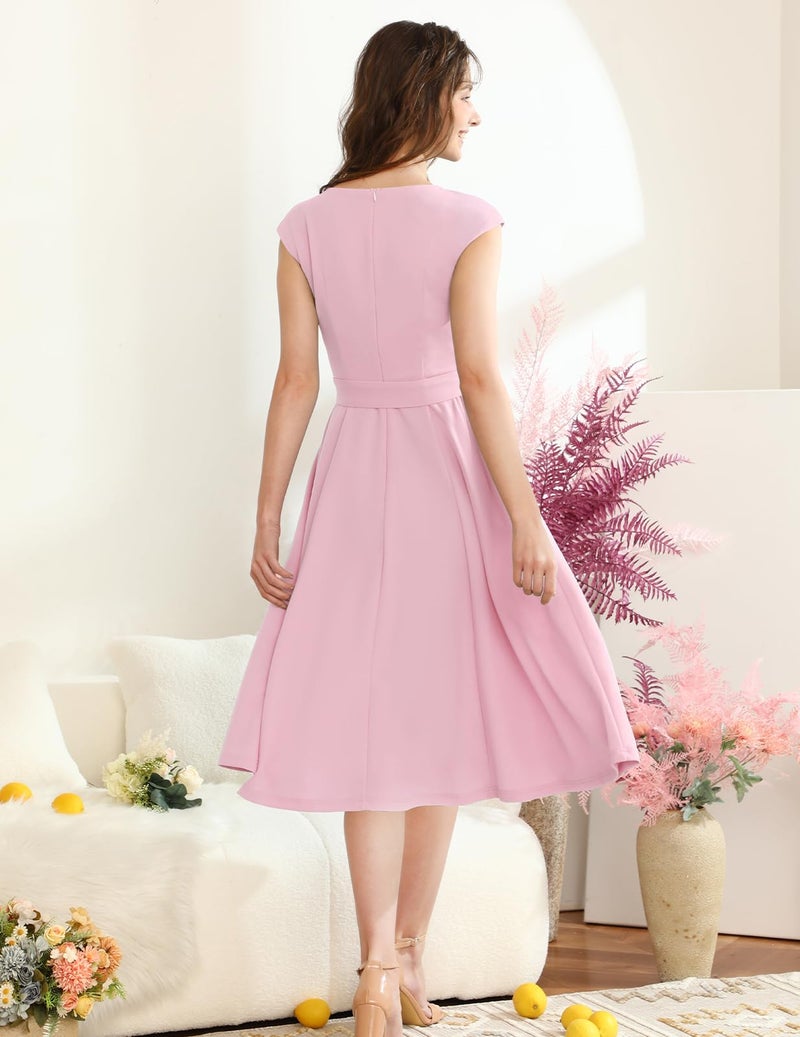 DRESSTELLS Cocktail Womens Dresses for Wedding Guest, Semi Formal Spring Easter Summer Vintage Tea Party Modest Western Church Midi Dress Pastel Pink L - Image 4
